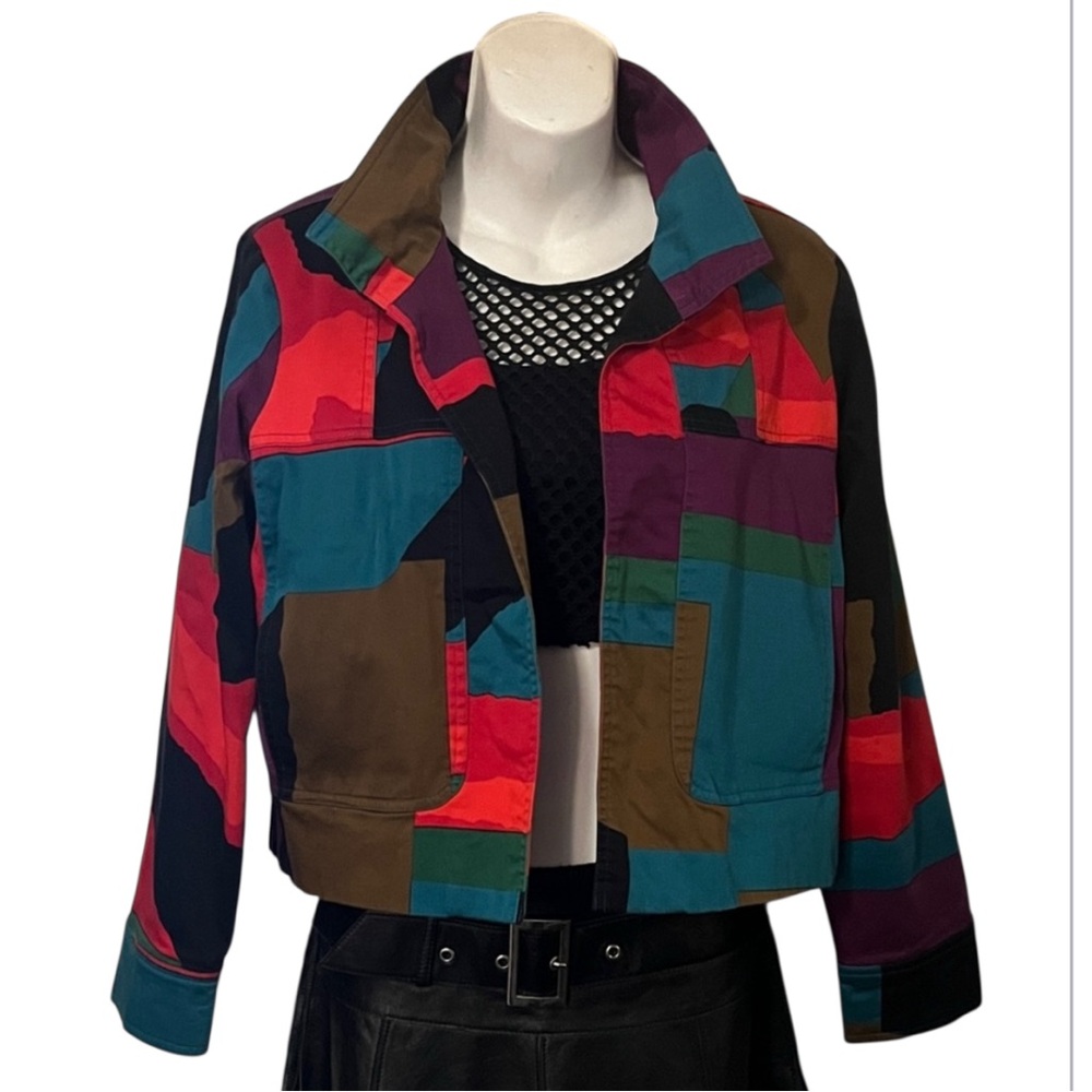 Patrick Christopher Petite Women Colorblock Abstract Patchwork Cropped Jacket PL